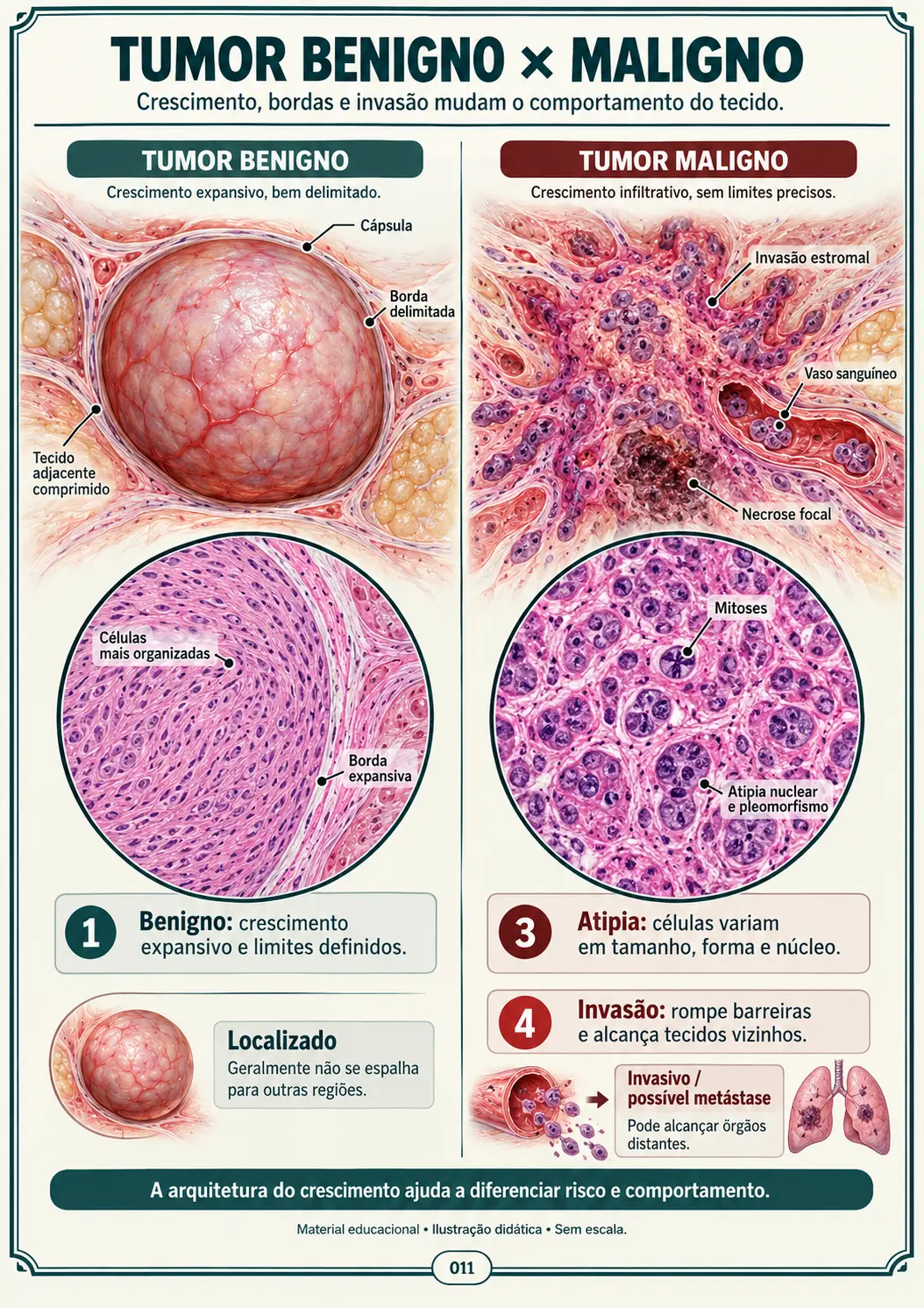 Tumor Benigno × Maligno — Crescimento, Bordas e Invasão